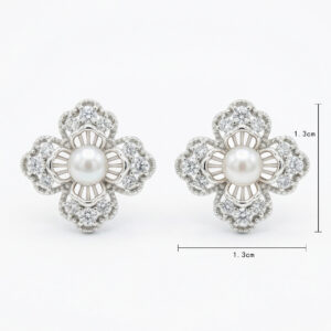 925 Sterling Silver Elegant Floral Pearl and Sparkling Accent Stud Earrings in White Metal